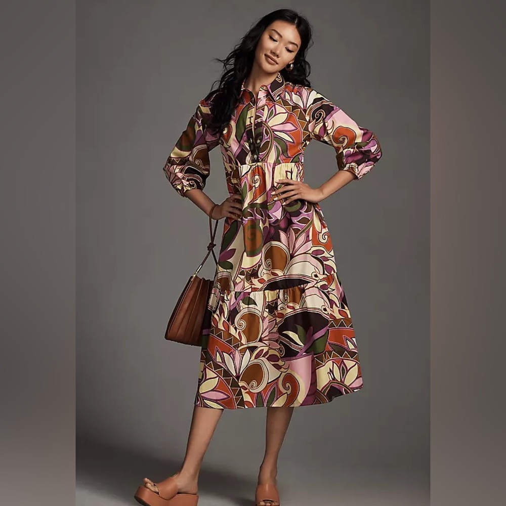 Anthropologie Maeve Sz XS The Bettina Colorful Printed Tiered Midi Shirt Dress